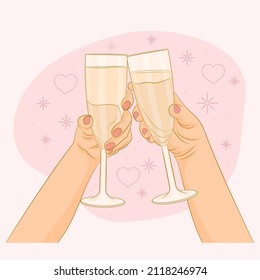 Hände von Paaren, die Brille mit glitzerndem Wein feiern Urlaub, fröhliches Konzept. 