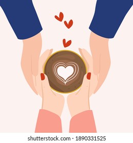 hands couple with cup of coffee flat vector illustration