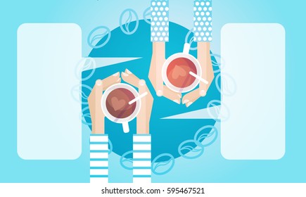 Hands Couple Hold Cup Tea Coffee Break Morning Beverage Banner Flat Vector Illustration