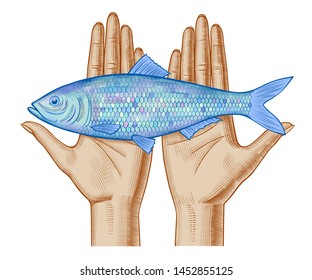 Hands couple holding a blue fish on the palms. Vintage color engraving stylized drawing. Vector illustration