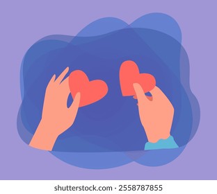 Hands of couple holding red comic hearts. Lovers celebrating Valentine day flat vector illustration. Relationship, love, romance, anniversary concept for banner, website design or landing web page