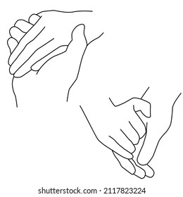 Hands couple. Line art on white background. Vector ilustration of couple hands in minimalist style.Ideal for printing, design, postcards, posters.
