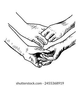 Hands of couple in love. Doodle of support gesture. Hand drawn vector illustration.