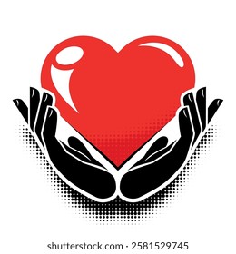 Hands of couple in love hold red heart one for two. Template decoration for Valentine's day, wedding.  Vector on transparent background for invitation,  greeting card, print, invitation, web page