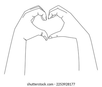 Hands couple in love making heart shape and their fingers  Vector isolated line illustration 