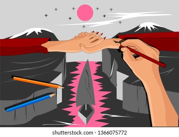 Hands of a couple in love, in the picture of the artist