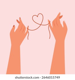 Hands of couple in love. Red thread of fate tied little fingers concept. Valentine's Day illustrations.
