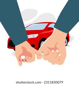 Hands couple with red car design vector illustration