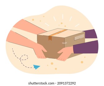 Hands of courier passing package to hands of customer. Person delivering gift or object in carton box flat vector illustration. Delivery, mail concept for banner, website design or landing web page