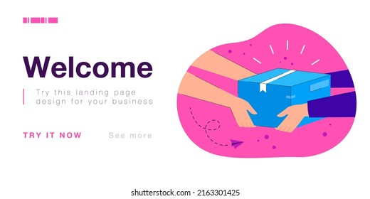 Hands of courier passing package to hands of customer. Person delivering gift or object in carton box flat vector illustration. Delivery, mail concept for banner, website design or landing web page