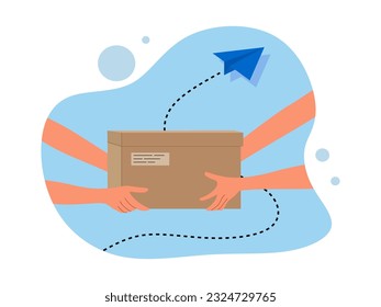 Hands of courier passing package to hands of customer. Concept of delivery of goods by courier. courier delivered the order to the customer, gift or object in cardboard box. Flat vector illustration