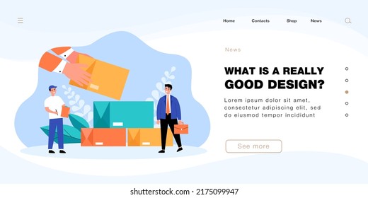 Hands of courier unloading boxes with goods. Delivery logistics service for tiny businessman flat vector illustration. Warehouse, inventory concept for banner, website design or landing web page