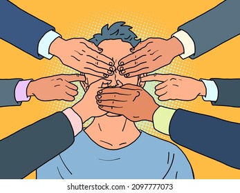 hands cover the eyes, ears and mouth of a person, censorship and restrictions on freedom of speech