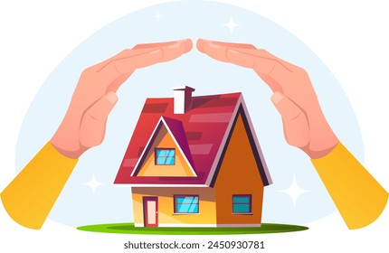 Hands cover the house, the concept of home protection and home insurance. Stock vector illustration