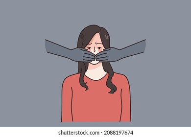 Hands cover scared woman mouth forbid ban to speak or share thoughts. Stressed girl suffer from gender discrimination or domestic violence or abuse. Freedom of speech. Flat vector illustration. 
