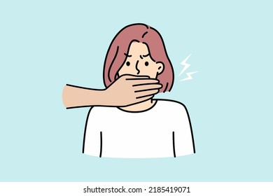 Hands cover woman mouth prohibit to speak. Concept of censorship and restrictions on freedom of speech. Vector illustration. 