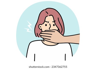 Hands cover woman mouth prohibit to speak. Concept of censorship and restrictions on freedom of speech. Vector illustration.