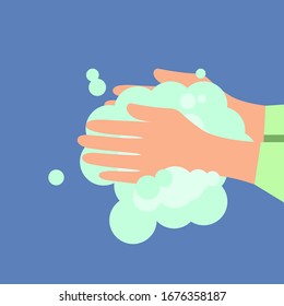 Hands are covered with soap foam. Vector illustration, flat cartoon, eps 10. Concept: personal hygiene, wash hands, soap solution, foam, antibacterial agent, infection prevention, cleanliness.