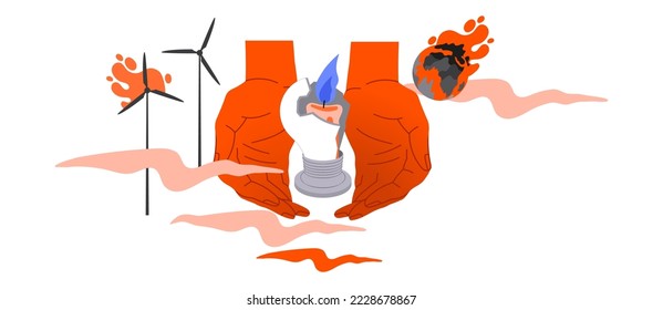 Hands Covering Broken Lightbulb with Burning Candle Inside as Energy Crisis and Disaster Vector Illustration