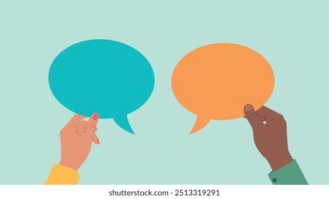 Hands of coworkers holding conversation bubbles. Flat design vector. Employees are men and women of different ethnic backgrounds.