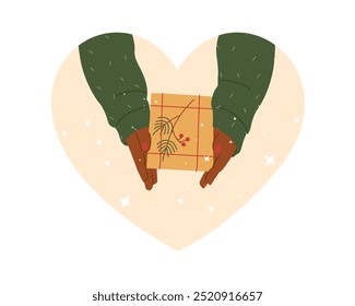 Hands in cozy sweater holding christmas gift with red bow vector isolated illustration. Stylish female opening or wrapping present with red ribbon. Preparing gift for Christmas, new year souvenirs.