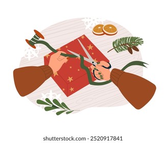 Hands in cozy sweater holding christmas gift with red bow vector isolated illustration. Stylish female opening or wrapping present with red ribbon. Preparing gift for Christmas, new year souvenirs.