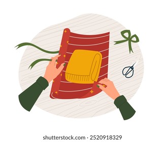 Hands in cozy sweater holding christmas gift with red bow vector isolated illustration. Stylish female opening or wrapping present with red ribbon. Preparing gift for Christmas, new year souvenirs.