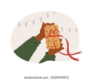 Hands in cozy sweater holding christmas gift with red bow vector isolated illustration. Stylish female opening or wrapping present with red ribbon. Preparing gift for Christmas, new year souvenirs.