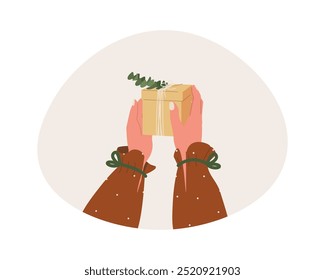 Hands in cozy sweater holding christmas gift with red bow vector isolated illustration. Stylish female opening or wrapping present with red ribbon. Preparing gift for Christmas, new year souvenirs.