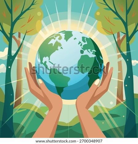 Hands cradle Earth with sunbeams and trees in background