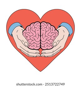 Hands cradling brain within a heart symbolizing love and care for mental health