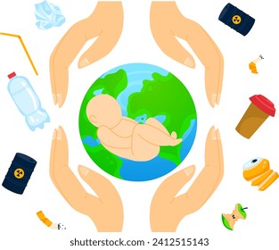 Hands cradling Earth with a baby, pollution and waste surrounding. Protecting environment, caring for future generations vector illustration.