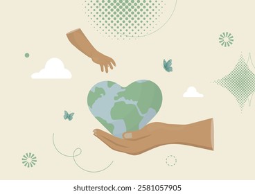 Hands Cradling Earth with Nature Symbols and a child's hand trying to grab the earth. Earth day concept. Environmental protection. Flat style. Sustainable future. Vector illustration