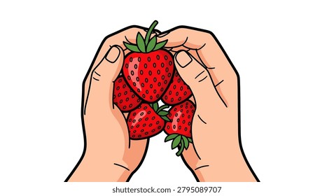 Hands cradling a few strawberries