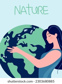 Hands cradling the globe, expressing a profound respect and care for Mother Nature. Concept signifying environmental challenges and the importance of protecting the Earth. Vector.