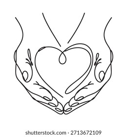 Manos acunando una forma de corazón en un estilo de dibujo de línea continua