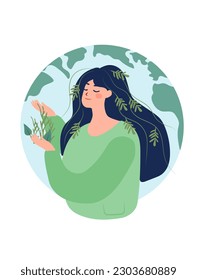 Manos que acunan las plantas, expresando un profundo respeto y cuidado por la Madre Naturaleza. Concepto que significa desafíos ambientales y la importancia de proteger la Tierra. Vector.