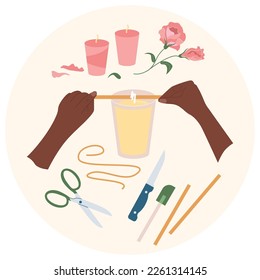 Hands craft flat background with candle sticks flowers and scissors with knife and black woman hands vector illustration