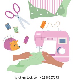 Hands craft flat composition with blank background and isolated images of sewing machine hands and tools vector illustration