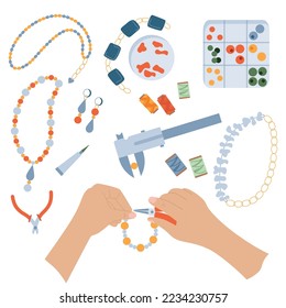 Hands craft flat composition with set of isolated jewelry icons with beads necklace parts and tools vector illustration