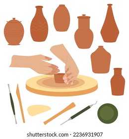 Hands craft flat composition with set of isolated icons with pottery routine tools and handmade products vector illustration