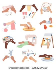 Hands craft flat icons collection with isolated compositions of human hands tools and ready handmade products vector illustration