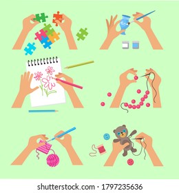 Hands craft. Handy workshop scrapbook project kids hands activity knitting embroidery drawing cutting with scissors vector top view pictures