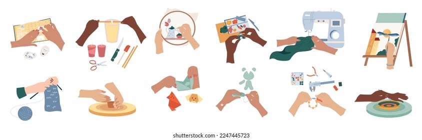 Hands craft set with flat isolated icons on blank background with sewing stitching and weaving routines vector illustration