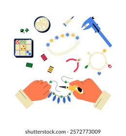 Hands Crafting Handmade Jewelry With Beads, Tools, And String In Flat Vector Illustration Symbolizing Creativity, Artisanal Work, And Jewelry Making, Isolated On White Background.