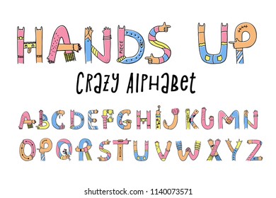 Hands up crazy alphabet. Set of creative letters from A to Z, done with arm gesture, palm, fingers, and thumb in a funny way. Vector flat style cartoon illustration isolated on white background