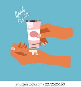 Manos con crema.La mano presiona y borra la loción cremosa del embalaje del producto. Ilustración vectorial editable