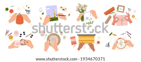 Hands create crafts. Handmade hobbies, creative work and art. People knit, draw, embroider, make candles and bouquets, top view vector set Stock foto © 