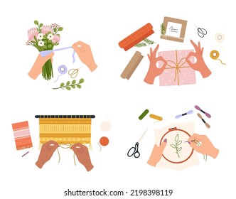 Hands create crafts, sewing and decoration handmade. Vector workshop creative, needle hobby by hand illustration