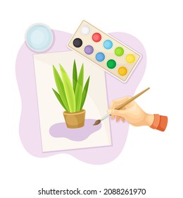 Hands creating artwork picture with paints palette. Top view of creative work process, hobby and craft concept vector illustration